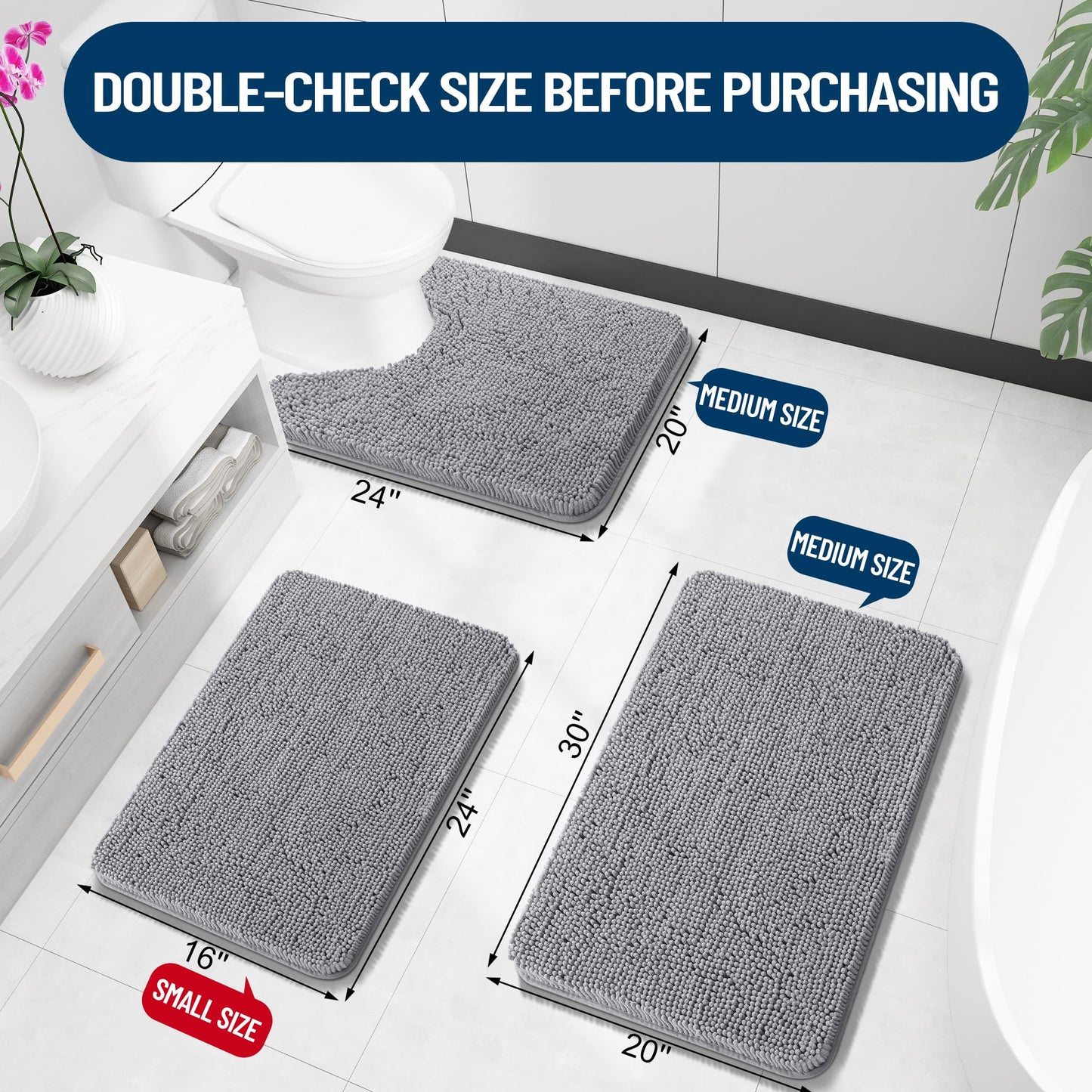 OLANLY Bathroom Rugs 30x20, Extra Soft Absorbent Chenille Bath Rugs, Non-Slip, Dry Quickly, Machine Washable, Bath Mats for Bathroom Floor, Tub and Shower, Grey