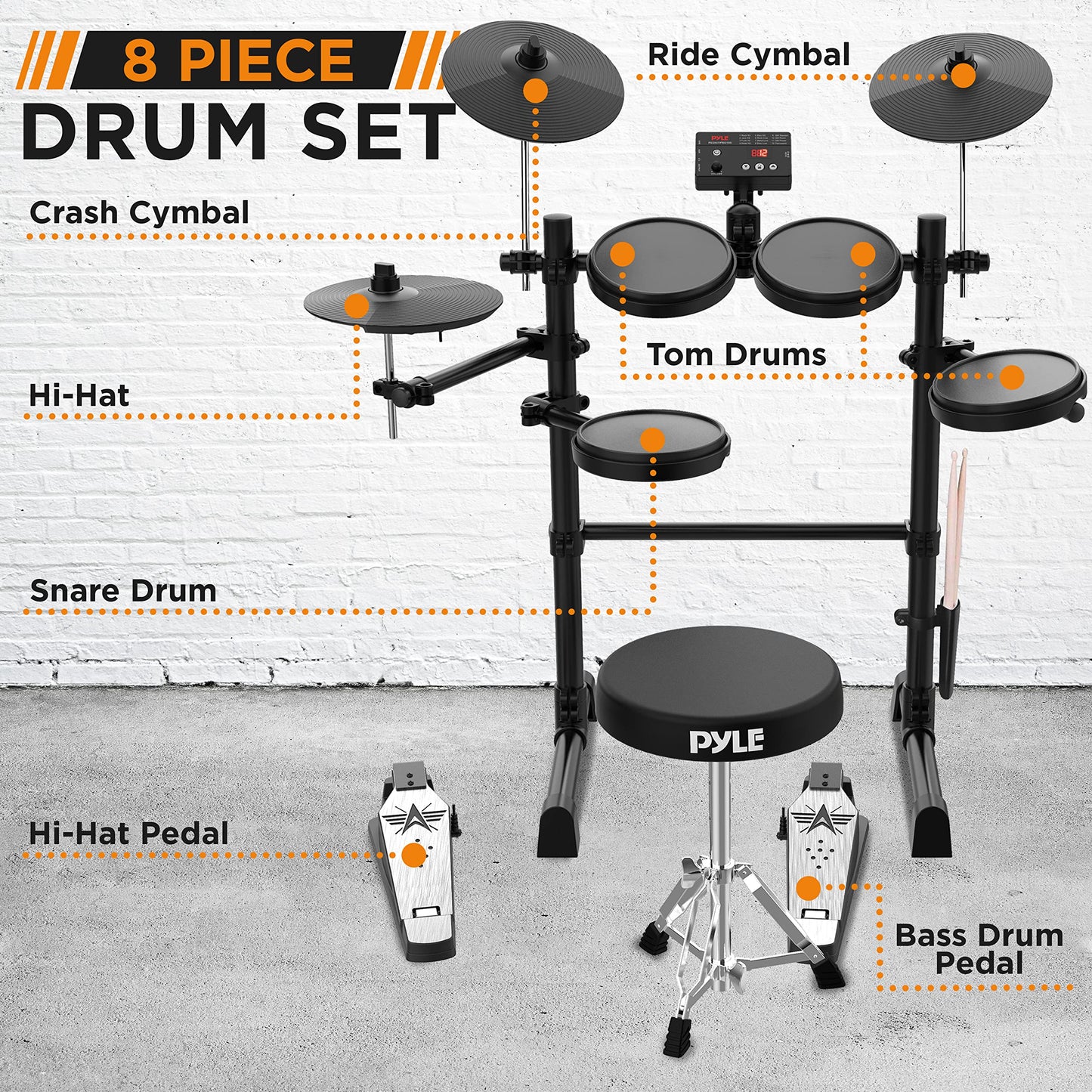 7-Piece Pyle Electronic Drum Set with MIDI Support