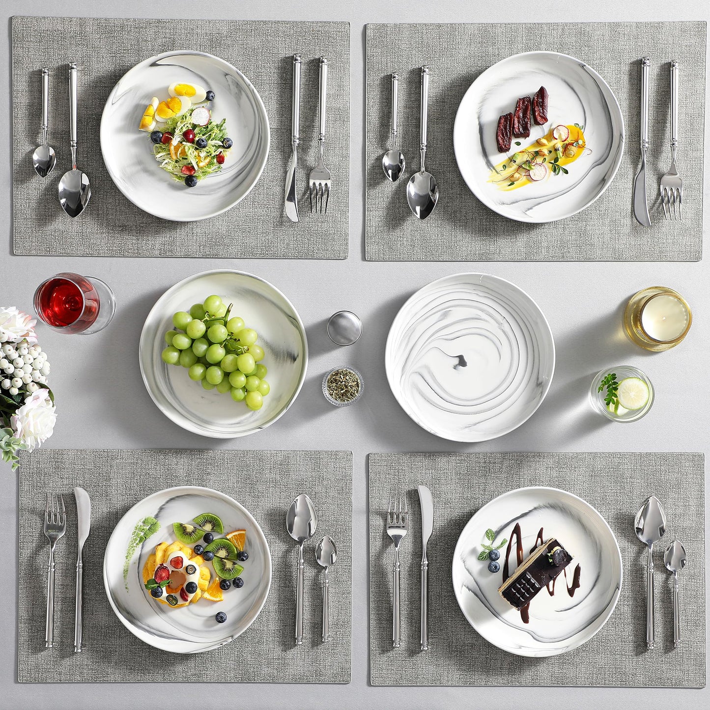MALACASA Dinner Plate 6-Piece Set, 8.5 Inch Porcelain Salad Dessert Round Plates, Serving Dishes, Dinnerware Sets, Kitchen Dinner Plates for Appetizer, Pasta, Marble Grey, Series REG