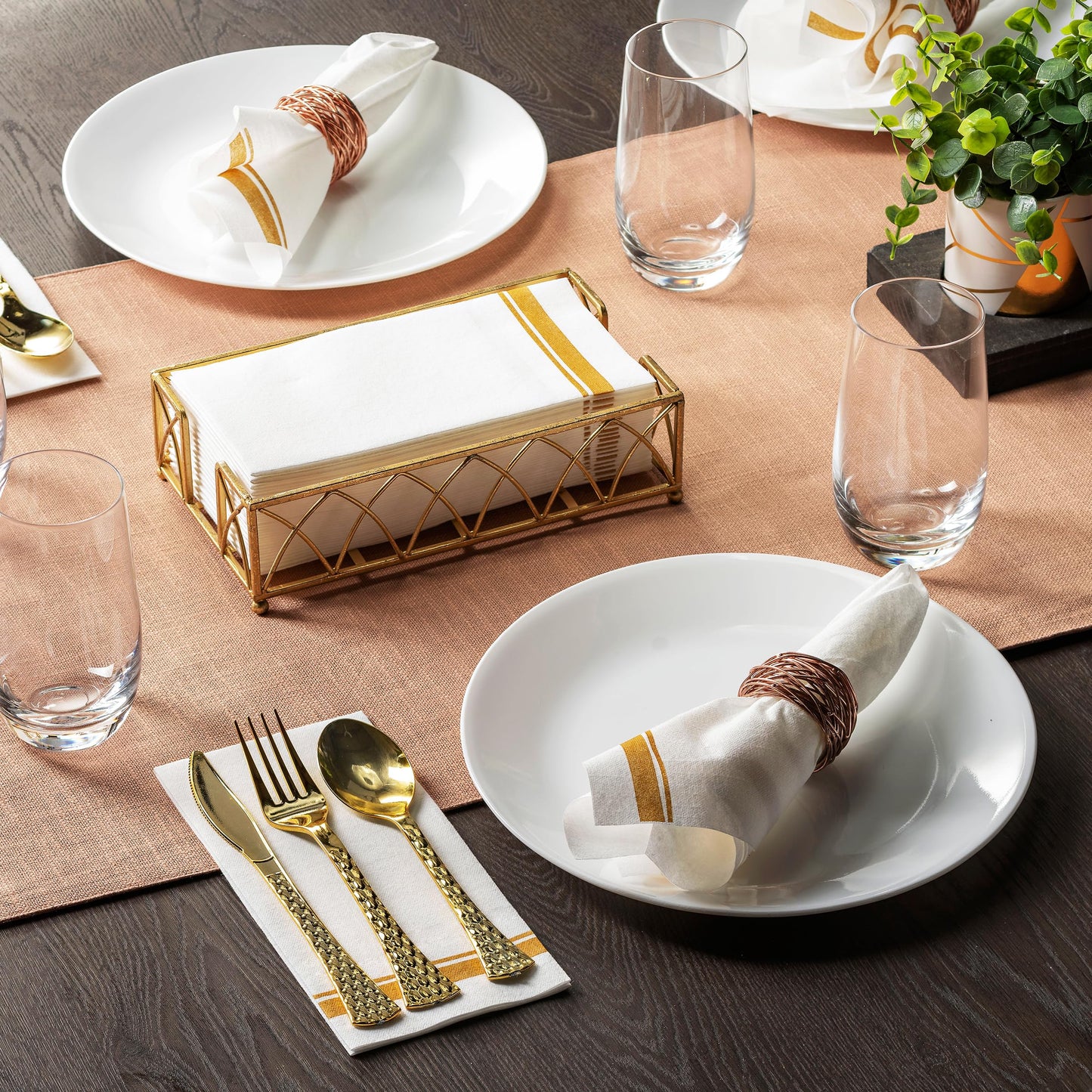 Disposable Linen-Feel Peper Napkins, Decorative White Guest Towels, 12" x 17" Gold Line Hand Napkins For Wdding, Party Or Event - Pack of 200