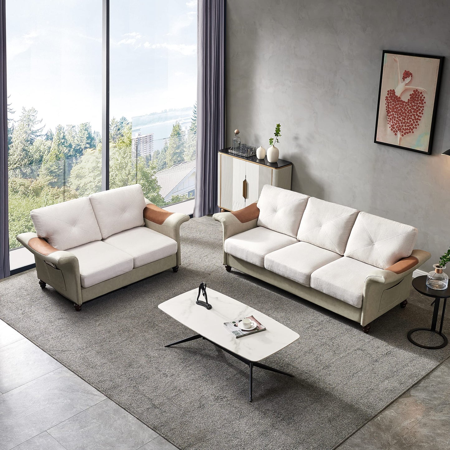 DHPM Sectional Faux Leather with Wood Leg, 2 Pieces Mid-Century Sofa Living Room Furniture Sets, Linen Upholstered Couch include 3 Seater and Loveseat for Home or Office (2+3 seat), Beige