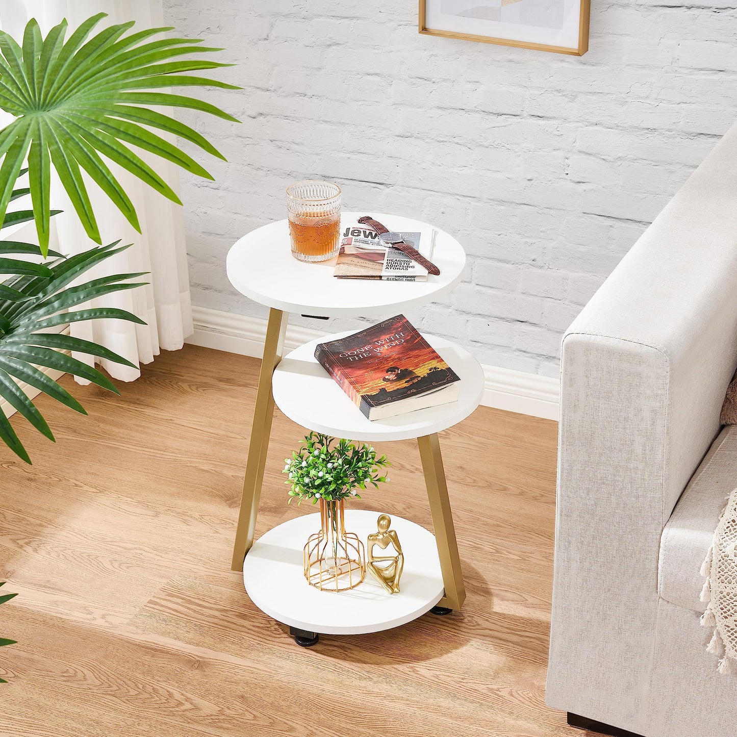 BEWISHOME Round End Table Side Table with Metal Frame, Accent Bedside Table Nightstand with 3-Tier Shelves, Small Table for Living Room Bedroom Couch Table Small Coffee Table White Gold KTZ41M