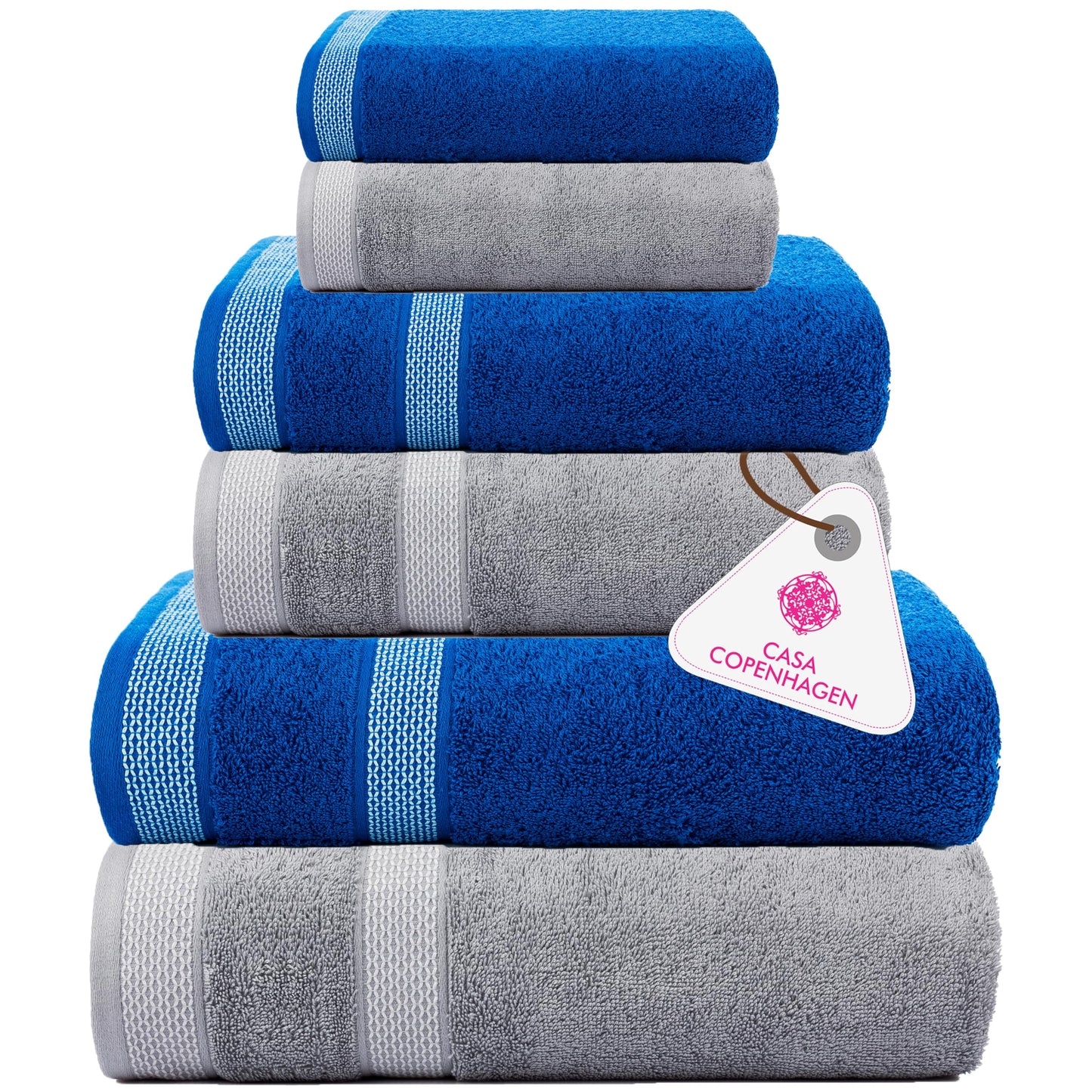 CASA COPENHAGEN Solitaire Mix 6 Pieces Towel Set- Grey Violet+Electric Blue, 600 GSM 2Bath Towel 2Hand Towel 2Washcloth,Designed in Denmark Made of Soft Egyptian Cotton for Bathroom, Kitchen & Shower