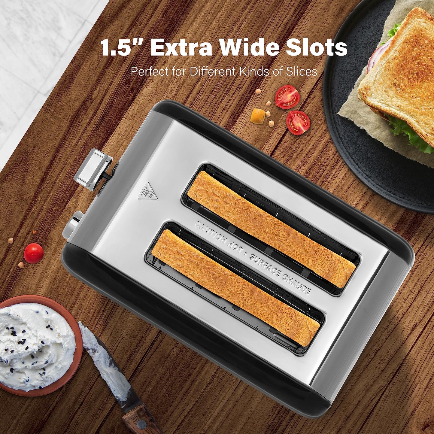 Simple Deluxe 1.5" Wide Slot 2-Slice Toaster, 5 Browning Setting and 3 Function, Retro Stainless-Steel Style, Removable Crumb Tray, Kitchen Essentials, for Bagel, Black