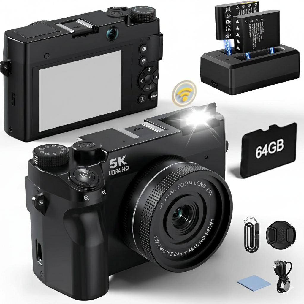 5K 75MP WiFi Digital Vlogging Camera with Zoom