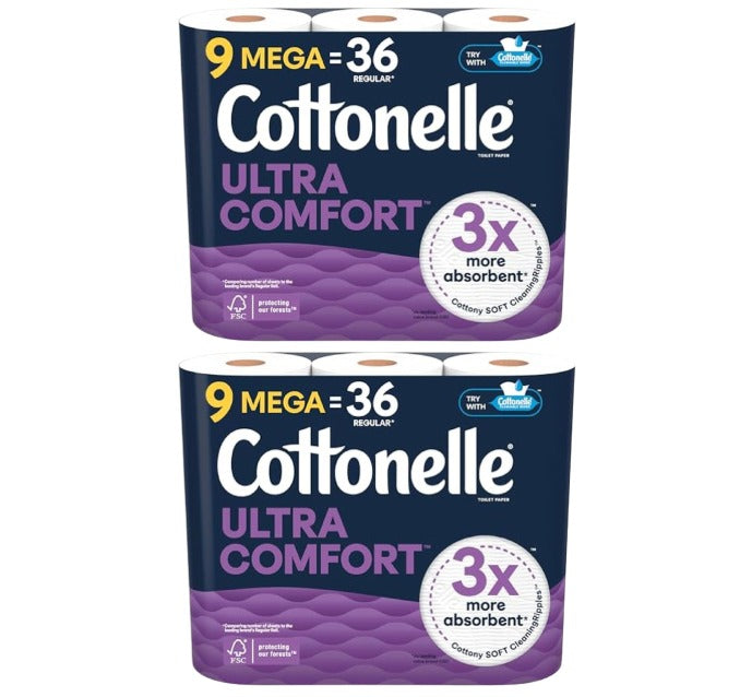 2 Pack 9 Mega Rolls Cottonelle Ultra Comfort Toilet Paper