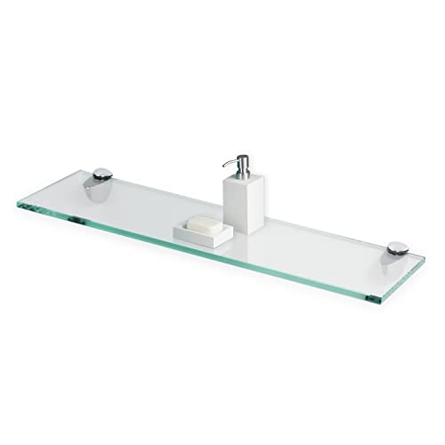 Fab Glass and Mirror Rectangle Floating Glass Shelve, 6"x18" Inches, 3/8 Thick Clear Glass with Flat Polished Edge-โEasy Installation with Screws, and Peacock Chrome Finish Brackets