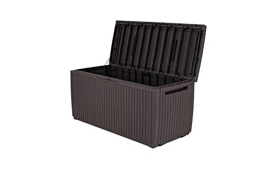 Keter Springwood 80 Gallon Resin Outdoor Storage Box for Patio Furniture Cushions, Pool Toys, and Garden Tools with Handles, Brown