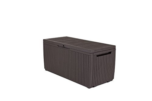 Keter Springwood 80 Gallon Resin Outdoor Storage Box for Patio Furniture Cushions, Pool Toys, and Garden Tools with Handles, Brown