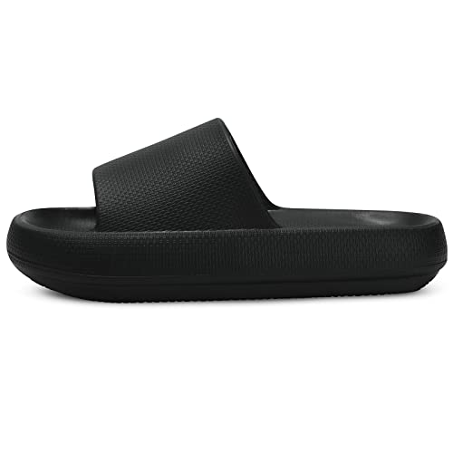 welltree Slides for Women Men Pillow Slippers Non-Slip Bathroom Shower Sandals Soft Thick Sole Indoor and Outdoor Slides,Black,13-14 Women/11.5-12.5 Men