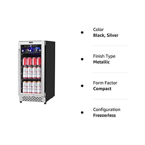 COLZER 15 inch Beverage Refrigerator with Glass Door 126 Cans Mini Beverage Cooler Under Counter Freestanding Built in Centre Garage Fridge with Lock for Drink Beer Soda Wine Water