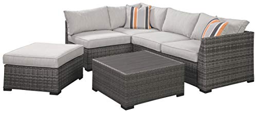 Signature Design by Ashley Outdoor Cherry Point 4 Piece Seating Set with Ottoman & Cocktail Table, Gray