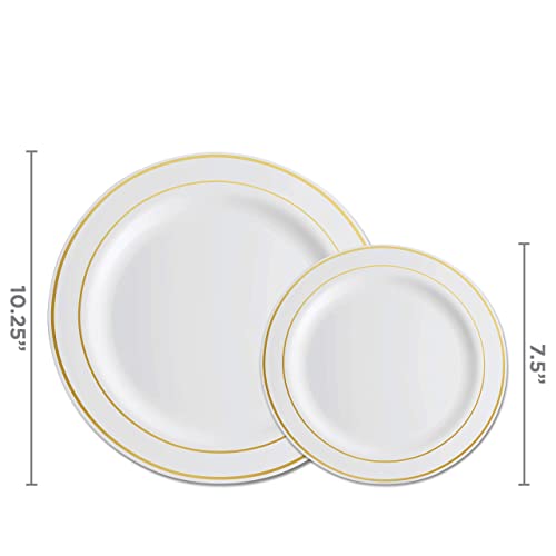 350 Piece Gold Dinnerware Set - 50 Guest Gold Rim Plastic Plates - 50 Gold Plastic Silverware - 50 Gold Rim Plastic Cups - 50 Linen Like Gold Paper Napkins, 50 Guest Disposable Gold Dinnerware Set