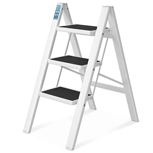 3 Step Ladder, SPIEEK Folding Step Stool with Wide Anti-Slip Thickened Pedal, Foldable Ladder 330 Lbs Capacity, Kitchen Step Stool for Adults, Lightweight Folding Ladder, White
