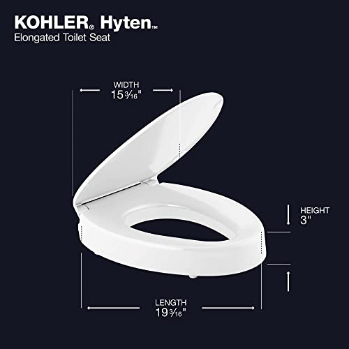 KOHLER 25875-0 Hyten Elevated Quiet-Close Elongated Toilet Seat, Contoured Seat with Grip-Tight Bumpers, Quick-Attach Hardware, White