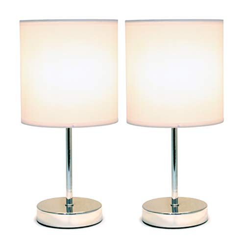 Simple Designs LT2007-WHT-2PK Chrome Mini Basic Table Lamp with Fabric Shade 2 Pack Set, White