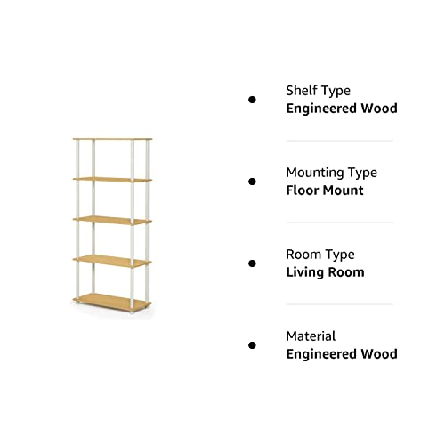 Furinno Turn-N-Tube 5-Tier Multipurpose Shelf / Display Rack / Storage Shelf / Bookshelf, Round Tubes, Beech/White