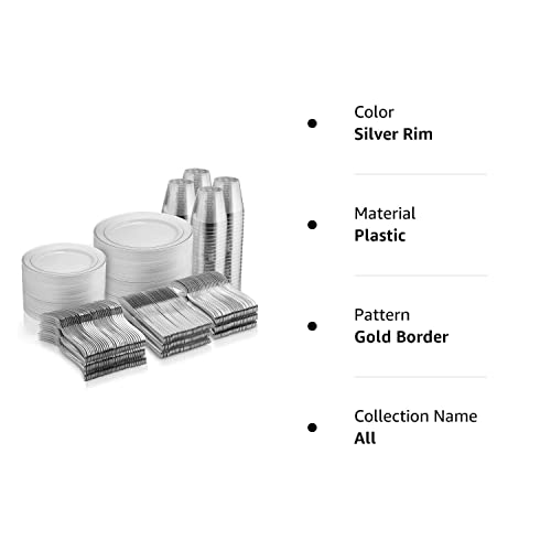 600 Piece Silver Dinnerware Set -100 Silver Rim 10 inch Plastic Plates 100 Silver Rim 7 Inch Plates -300 Silver Plastic Silverware -100 Silver Plastic Cups -100 Guest Disposable Silver Dinnerware Set