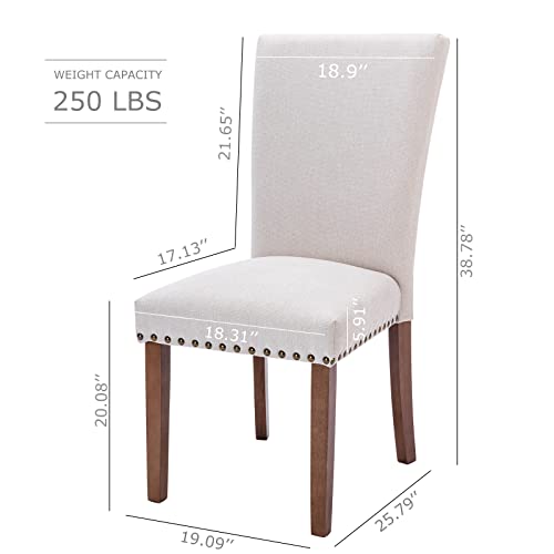 COLAMY Upholstered Parsons Dining Chairs Set of 2, Fabric Dining Room Kitchen Side Chair with Nailhead Trim and Wood Legs - Beige