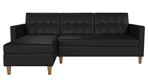 DHP Hartford Storage Sectional Futon with Interchangeable Chaise, Space-saving Design with Multi-position Back, Wooden Legs, Black Faux Leather