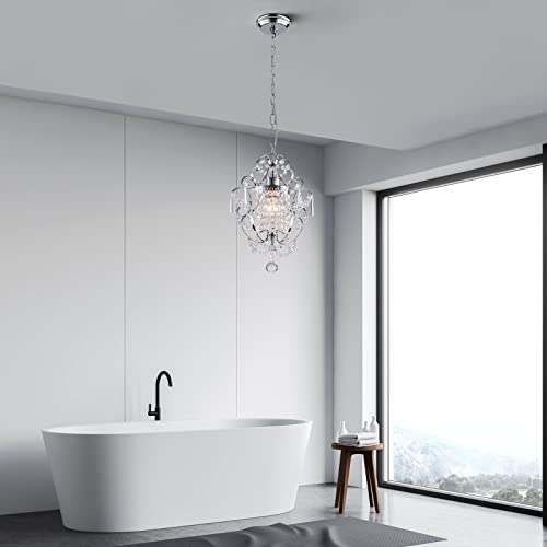 FLSFU Mini Chandelier Light Fixture,Modern Chrome Crystal Ceiling Light Fixtures 1 Light Small Chandeliers for Bathroom,Farmhouse Pendant Lighting for Girls Room Dining Room Closet Kitchen Island