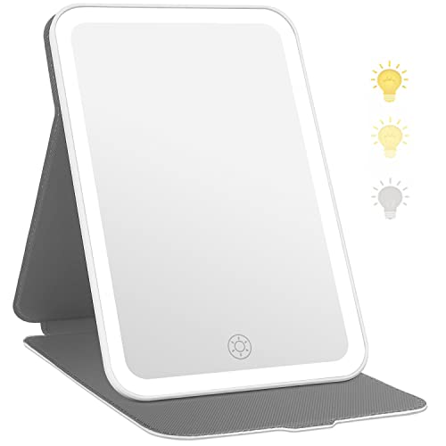 Flymiro Lighted Makeup Vanity Mirror with 72 LED Lights, Portable Travel Mirror with 3 Colors Lighting, Dimmable Touch Screen,USB Rechargeable,Tabletop Desk Foldable Cosmetic Mirror with Lights