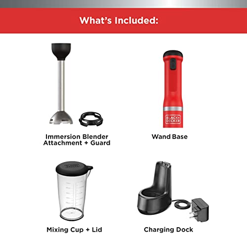 BLACK+DECKER Kitchen Wand Cordless Immersion Blender, Hand Blender with Charging Dock, Red (BCKM1011K06)