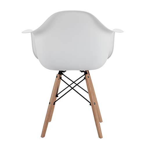 CangLong Natural Wood Legs Mid Century Modern Molded Shell Lounge Plastic Arm Chair for Living, Bedroom, Kitchen, Dining, Waiting Room,2 PCs Pack- White, Set of 2, White
