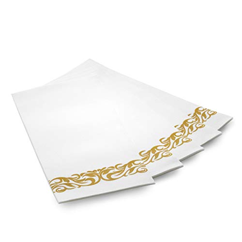 350 Piece Gold Dinnerware Set - 50 Guest Gold Rim Plastic Plates - 50 Gold Plastic Silverware - 50 Gold Rim Plastic Cups - 50 Linen Like Gold Paper Napkins, 50 Guest Disposable Gold Dinnerware Set