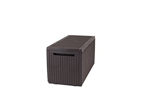 Keter Springwood 80 Gallon Resin Outdoor Storage Box for Patio Furniture Cushions, Pool Toys, and Garden Tools with Handles, Brown