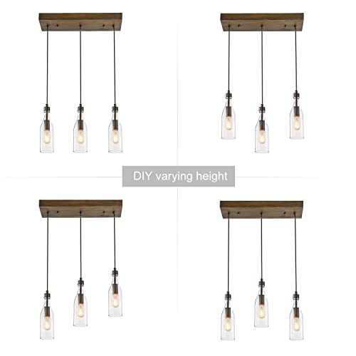 LNC Wooden Pendant Lights, 3-Height Adjustable Bottle Glass Pendant Lighting, Clear Glass Bottle Inspired Lighting Fixture