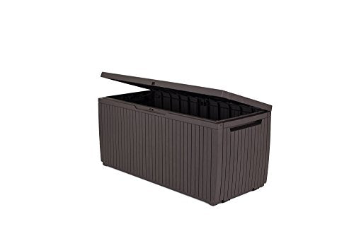 Keter Springwood 80 Gallon Resin Outdoor Storage Box for Patio Furniture Cushions, Pool Toys, and Garden Tools with Handles, Brown