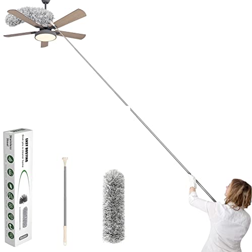 Clonynix Microfiber Feather Duster with Telescopic 30"-100" Long Stainless Steel Pole & Bendable Head, Washable Duster for Cleaning Interior Roof,High Ceiling Fan, Blinds, Furniture & Cars