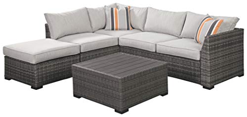 Signature Design by Ashley Outdoor Cherry Point 4 Piece Seating Set with Ottoman & Cocktail Table, Gray