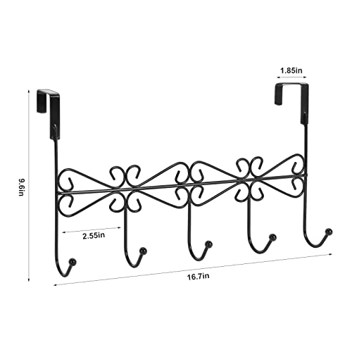 5 Pack Over The Door Hooks Hanger, Over The Door Towel Rack Coat Rack with 5 Hooks, Metal Hanging Organizer for Clothes Coat Hat Towel Bedroom Bathroom, Black