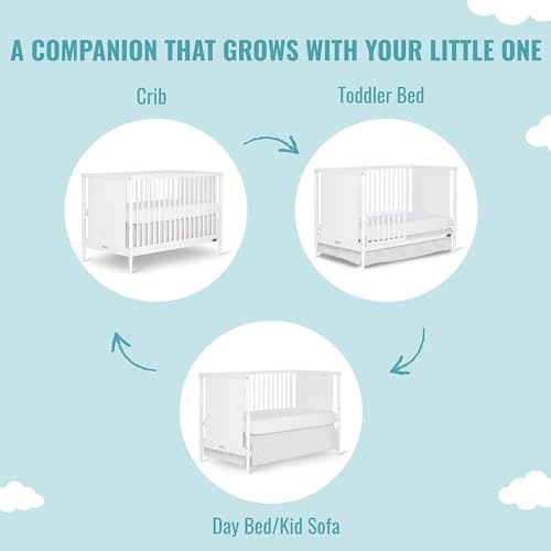 Dream On Me Clover 4-in-1 Modern Island Crib with Rounded Spindles in White, Convertible Crib, Mid-Century Meets Modern, Coordinates with The Clover Changing Counter