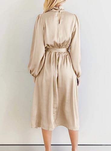 Dokotoo Women's Mock Neck Lantern Long Sleeve A Line Swing Flared Cocktail Party Midi Dress with Belt Apricot Medium