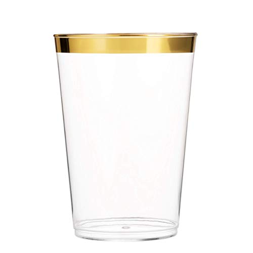 350 Piece Gold Dinnerware Set - 50 Guest Gold Rim Plastic Plates - 50 Gold Plastic Silverware - 50 Gold Rim Plastic Cups - 50 Linen Like Gold Paper Napkins, 50 Guest Disposable Gold Dinnerware Set