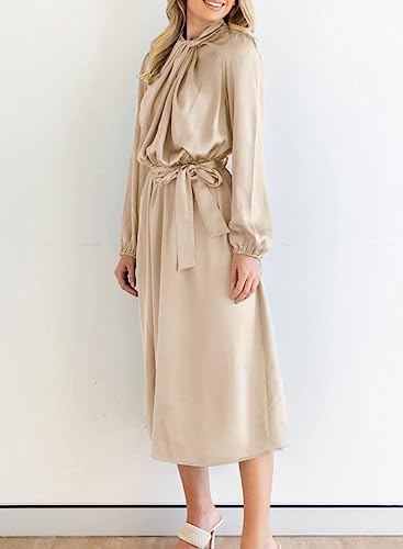 Dokotoo Women's Mock Neck Lantern Long Sleeve A Line Swing Flared Cocktail Party Midi Dress with Belt Apricot Medium