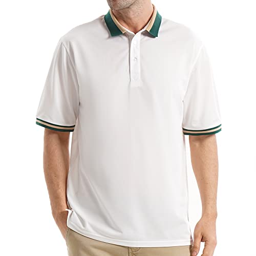 LEDINEY Polo Shirts for Men Short Sleeve Striped Collared Button Down Regular Fit Business and Casual Fashion Sports Golf Shirts Camisa Polo para Hombre White M