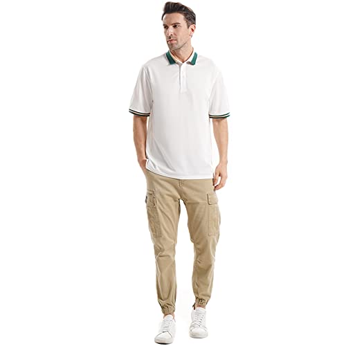 LEDINEY Polo Shirts for Men Short Sleeve Striped Collared Button Down Regular Fit Business and Casual Fashion Sports Golf Shirts Camisa Polo para Hombre White M