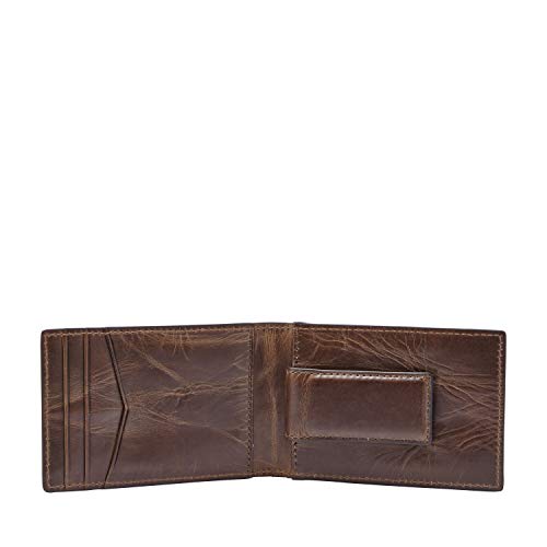 Fossil Men's Derrick Leather Slim Minimalist Magnetic Money Clip Bifold Front Pocket Wallet, Dark Brown