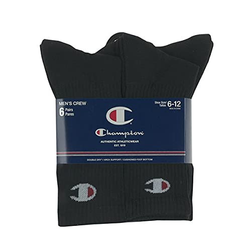 Champion Men's Double Dry Moisture Wicking Socks 6, 8, 12 Packs Availabe, Black Crew C-6 Pack, 12-14