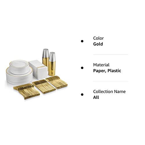 350 Piece Gold Dinnerware Set - 50 Guest Gold Rim Plastic Plates - 50 Gold Plastic Silverware - 50 Gold Rim Plastic Cups - 50 Linen Like Gold Paper Napkins, Disposable