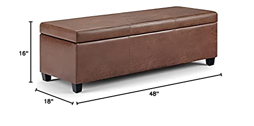SIMPLIHOME Avalon 48 inch Wide Rectangle Lift Top Storage Ottoman Bench in Upholstered Distressed Umber Brown Faux Leather with Large Storage Space for the Living Room, Entryway, Bedroom