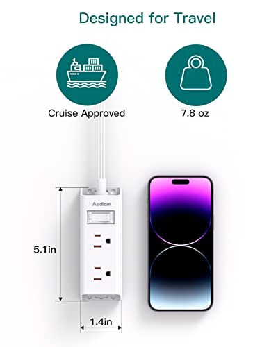 Flat Extension Cord - Addtam 5 ft Ultra Flat Plug Power Strip with 6 Outlets Extender, No Surge Protector for Cruise Ship, Travel, Dorm Room Essentials(2 Pack)
