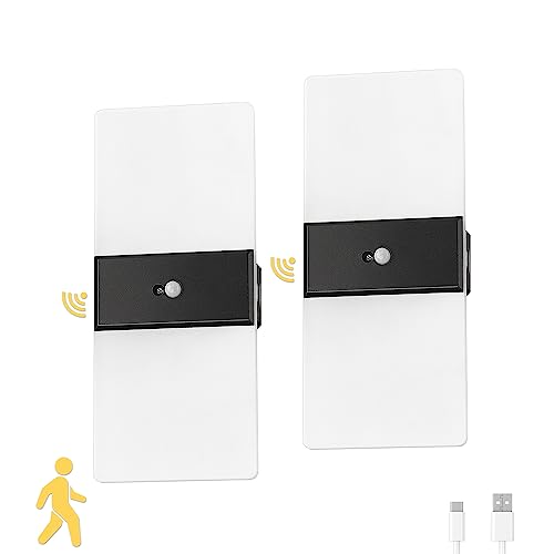Battery Operated Wall Sconces Set of Two, Wireless Motion Sensor Wall Lights, Rechargeable Lamp Sconce Wall Lighting with 2-Mode for Hallway Stairway Bedroom Basement Living Room, LBD025-LED-BK2