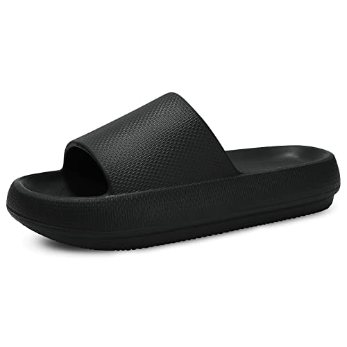 welltree Slides for Women Men Pillow Slippers Non-Slip Bathroom Shower Sandals Soft Thick Sole Indoor and Outdoor Slides,Black,13-14 Women/11.5-12.5 Men
