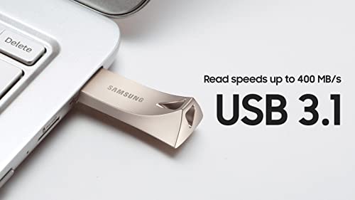 SAMSUNG BAR Plus 3.1 USB Flash Drive, 128GB, 400MB/s, Rugged Metal Casing, Storage Expansion for Photos, Videos, Music, Files, MUF-128BE3/AM, Champagne Silver