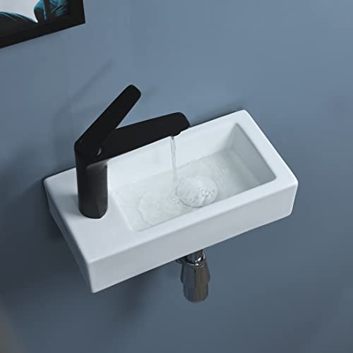 bathivy 15"x7.5" Wall Mount Corner Bathroom Sink with Pop-up Drain & Installation Kits, Rectangular White Ceramic Vessel Sink, Wall Hung Mini Floating Sink, Small Corner Sink for Bathrooms (Left Hand)